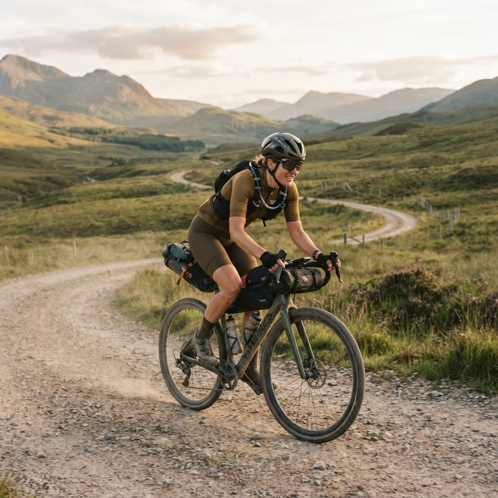 Ciclista de gravel em estrada de terra no campo