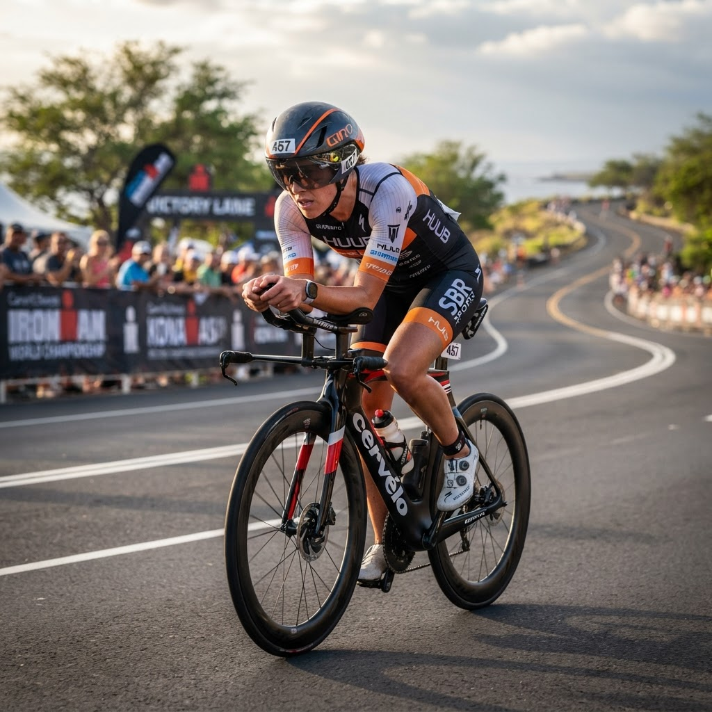 Triatleta em posição aero em bicicleta de contrarrelógio